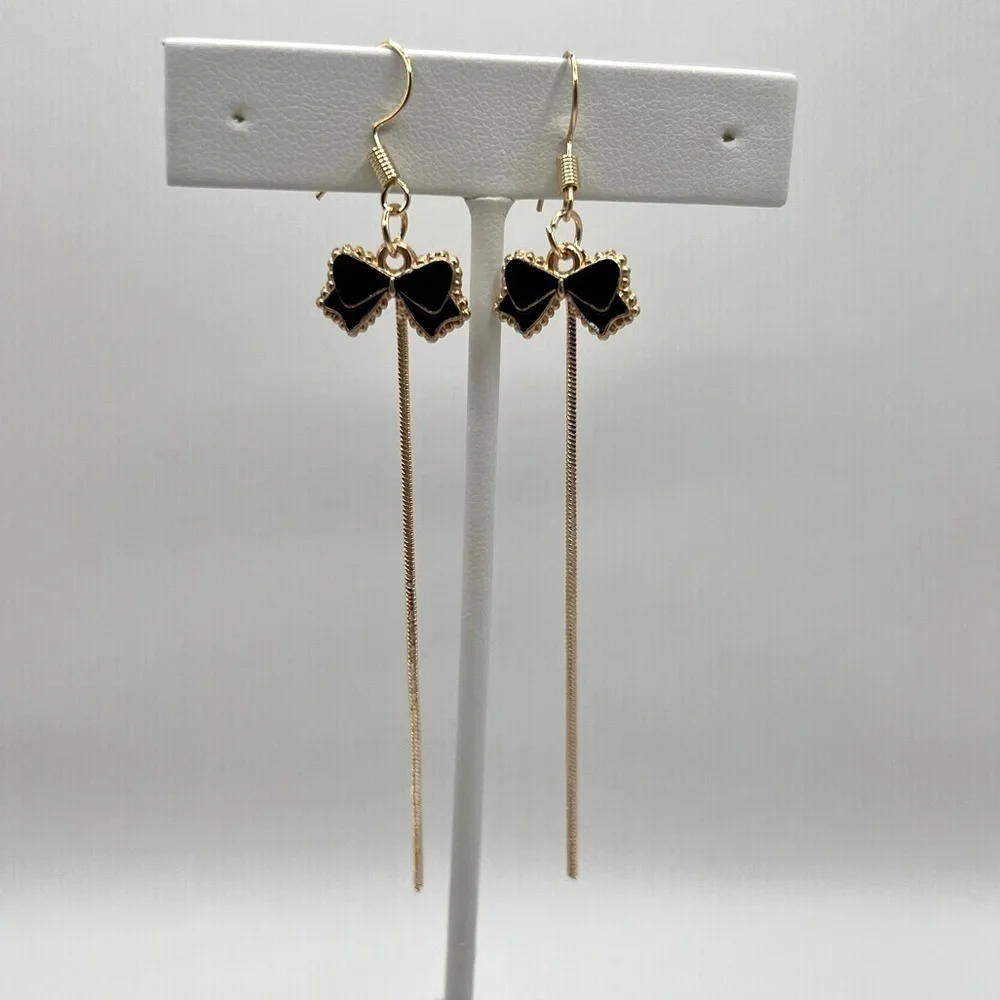 Black Enamel Bow Tassel Earrings